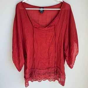 Bobeau Red Blouse with Lace Hem